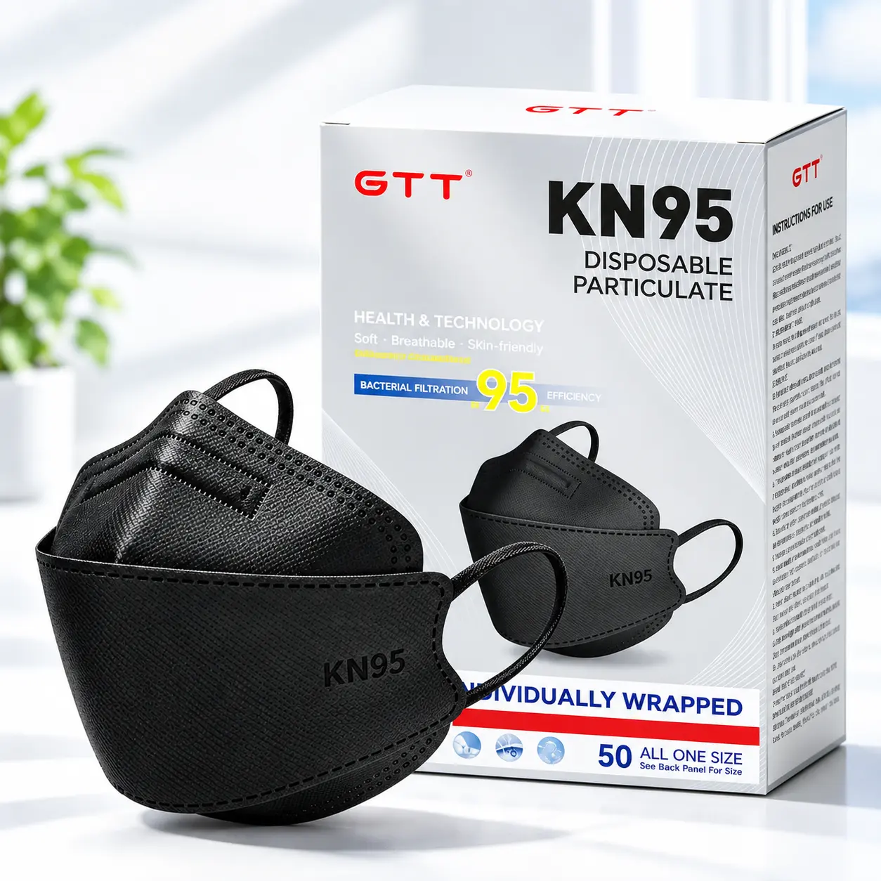 GTT Black KN95 Face Masks for Adults, 50Pack Individually Wrapped, 3D Fish-Shaped Protective Masks, 5-Layer Non-Woven Fabric, 95% Filter Efficiency, Breathable & Soft, Solid Black, Blocks Dust, Pollen & Smoke for Daily Commute & Outdoor