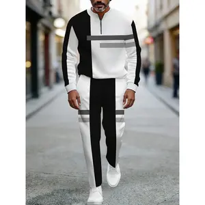 European and American two-piece men's white sports suit |     Geometric stripe design, semi open collar |     High quality polyester fiber fabric, wrinkle resistant and easy to maintain |     Fitness trend, suitable for sports and leisure style