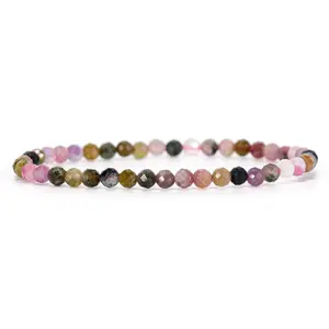 Angelstones Natural Multicolor Tourmaline Gemstone Stretch Bracelet, 4mm Faceted Round Beads, Crystal Healing for Women
