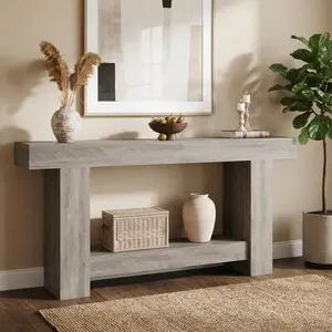 Garvee Entryway Console Table, Farmhouse 2-Tier Entryway Table, Long Sofa Accent Table Behind Couch Table with Open Storage for Entrance, Living Room, Hallway, Grey, 63"