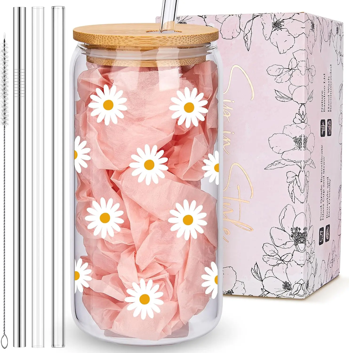 Cute Glass Cups with Lids and Straws, Daisy Flower Iced Coffee Smoothie Matcha Cup Tumbler Christmas Birthday Gifts for Women Sister Friend Her Preppy Teenage Girls Teen Girl Gifts Trendy Stuff Things