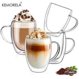Double Wall Glass Coffee Mug Set, 12oz Heat Resistant Borosilicate Cups with Handle & Spoon, Ideal for Latte, Espresso, Americano Drinks, Glass Drinking Cup