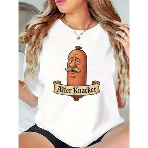 Women’s Funny Cartoon Sausage Mustache “Alter Knacker” T-Shirt Casual Streetwear for Oktoberfest German Festival 100% Cotton T-shirt