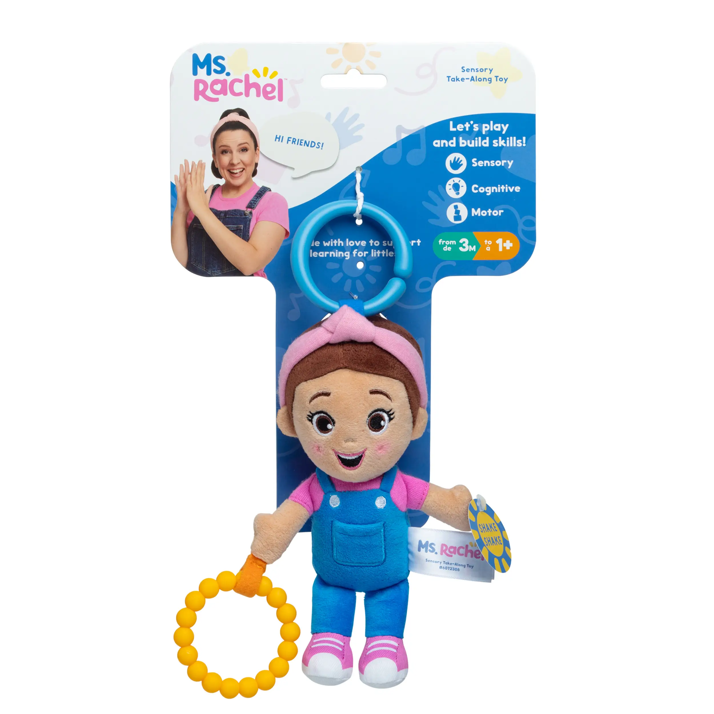 Ms. Rachel Sensory Take-Along Toy, Swing & Stroller Teething Toys with Rattle & Clip, Toddler Toys for Girls & Boys for Ages 0-1+ teether baby