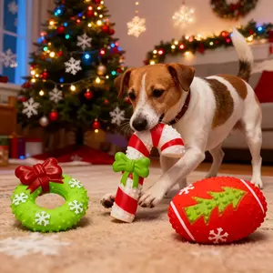 3pcs Christmas Pet Dog Toy - Sound Teething Toy with Red & Striped Design, Cartoon Santa Hat & Reindeer Pattern, Durable Latex Material, Without Battery, Ideal For Large Breeds, Christmas Dog Toy | Festive Dog Toy | Durable Dog Toy