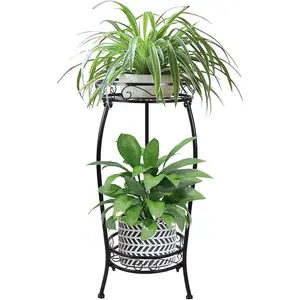Plant Stand Indoor Outdoor 2 Tier 25" Tall Metal Potted Holder Flower Pot Stand Heavy Duty Plant Shelf Rustproof Iron Multiple Plant Round Supports Rack for Planter Corner Garden Balcony Patio