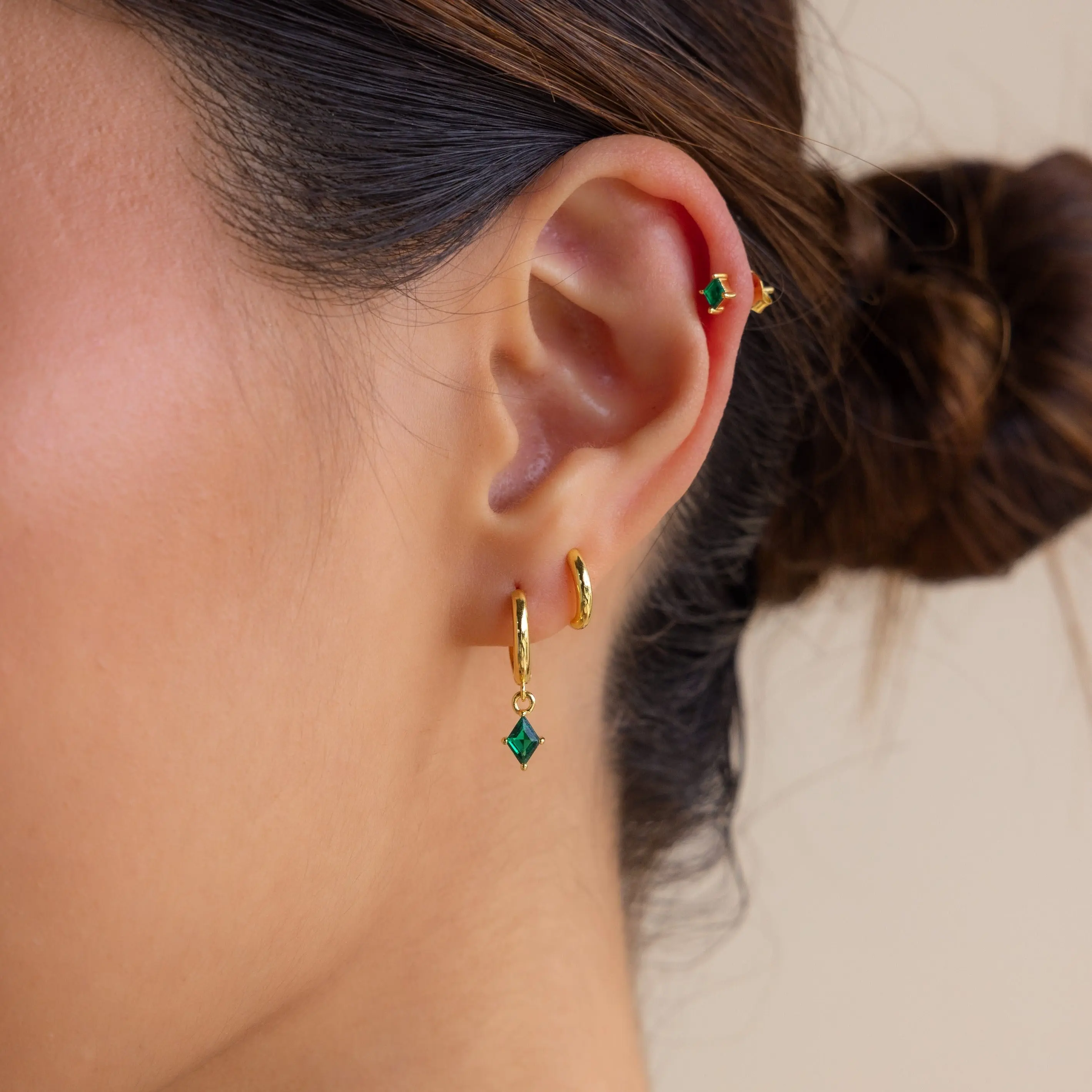 Emerald Earrings Set by Caitlyn Minimalist - Set of 3: Green Crystal Dangle Earring, Huggie Hoop Earring, & Dainty Emerald Stud Earring - Gemstone Jewelry - Birthday Gift