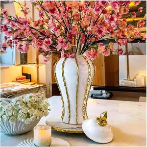 Ginger Jar, White Gold Ceramic Vase Large Handmade Porcelain Vases with Lid, White Gold Decorative Flower Vase for Home, Living Room, Weddings, Centerpieces (12in with Lid) Gift Bouquet ,Deals for you days Decorating Light