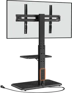 Floor TV Stand with Power Outlet, Universal TV Stand for 32-75 inch TVs up to 110 lbs, Height Adjustable Standing TV Mount, Tall TV Mount with Wood Base, Max VESA 600x400mm, PGFS06