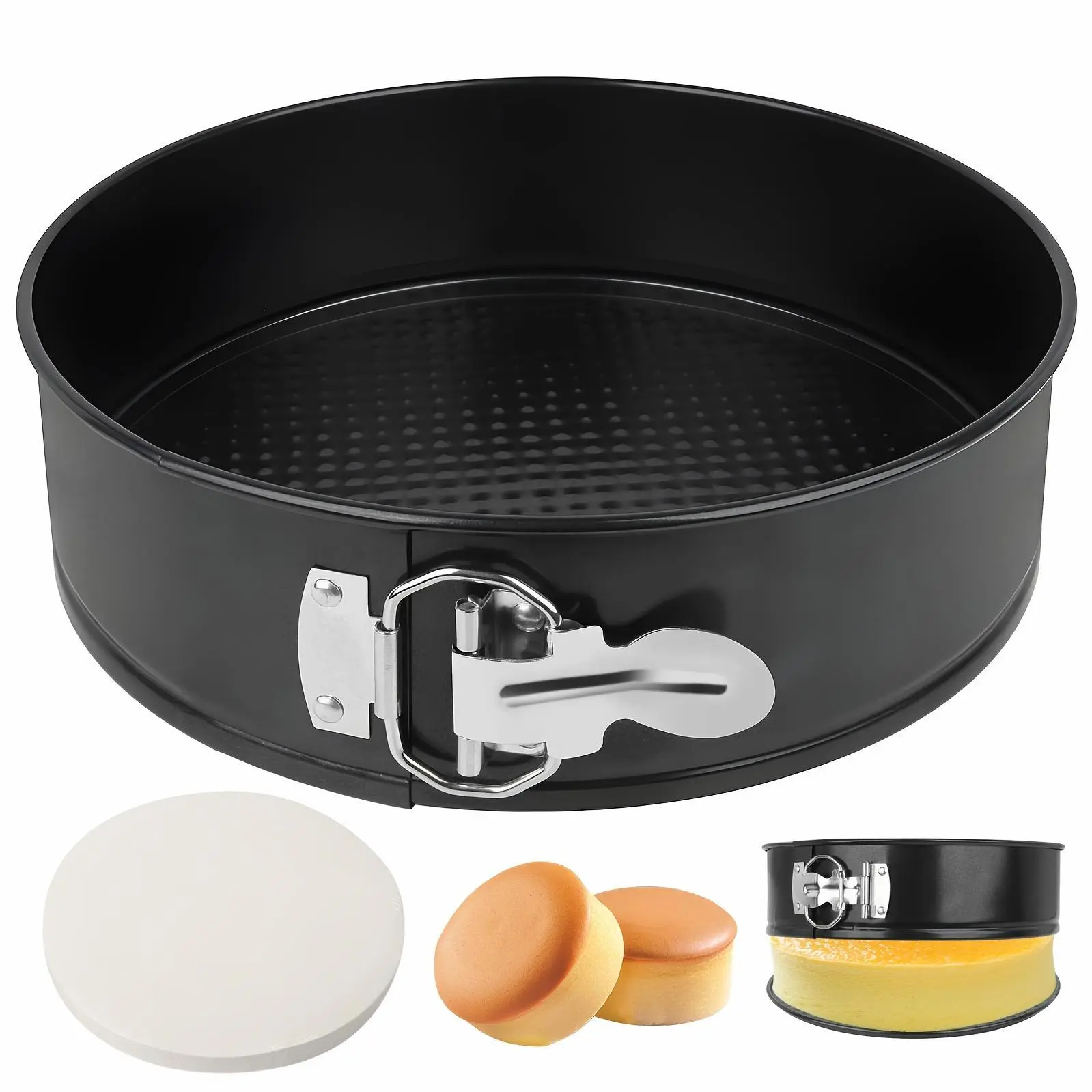 9 Inch Springform Pan with 50pcs Parchment Paper, Nonstick Carbon Steel Cheesecake Pan with Removable Bottom & Leakproof Latch, Heavy Duty Round Cake Molds for Baking, Cheesecake, Mousse, Pizza.- Black.