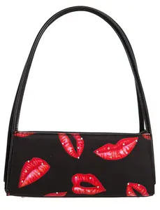 Small Y2K Structured Shoulder Rectangular shaped Tote with Feet and studded Lips Print for Valentines Day Perfect Gift for Everyday Essentials