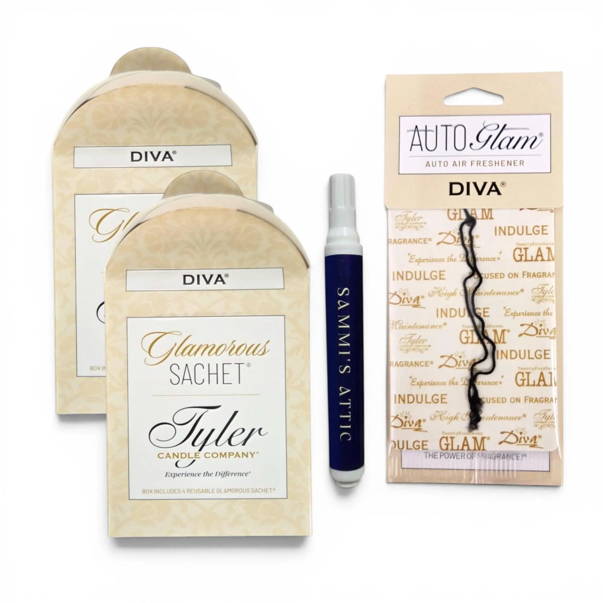 Tyler Diva Dryer Sachets - Glamorous Sachet 2 Pack (4 per Pack) - Diva Dryer Sheets Bundle with Autoglam Car Freshener & Sammi's Attic Stain Remover Pen - Tyler Laundry Sachets for Drawers and Closets