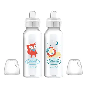 Milestones Narrow Sippy Bottle, 100% Silicone Soft Sippy Spout, 8oz/250mL, 6m+, Fox & Lion, 2 Pack