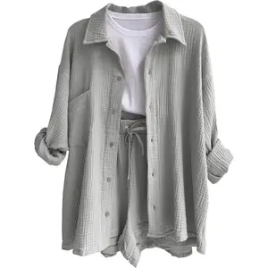 2 Piece Waffle Knit Loungewear Set | Oversized Button Down Shirt + Drawstring Shorts/Includes the top and shorts only; innerwear is not included.