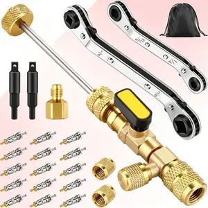 Valve Core Removal Tool Set 23PCS with 15 Upgraded Valve Cores HVAC Service Wrench Kit with Hex Bit Adapters Storage Bag for Refrigeration System R22 R12 R407 R404 R410 R32 R600