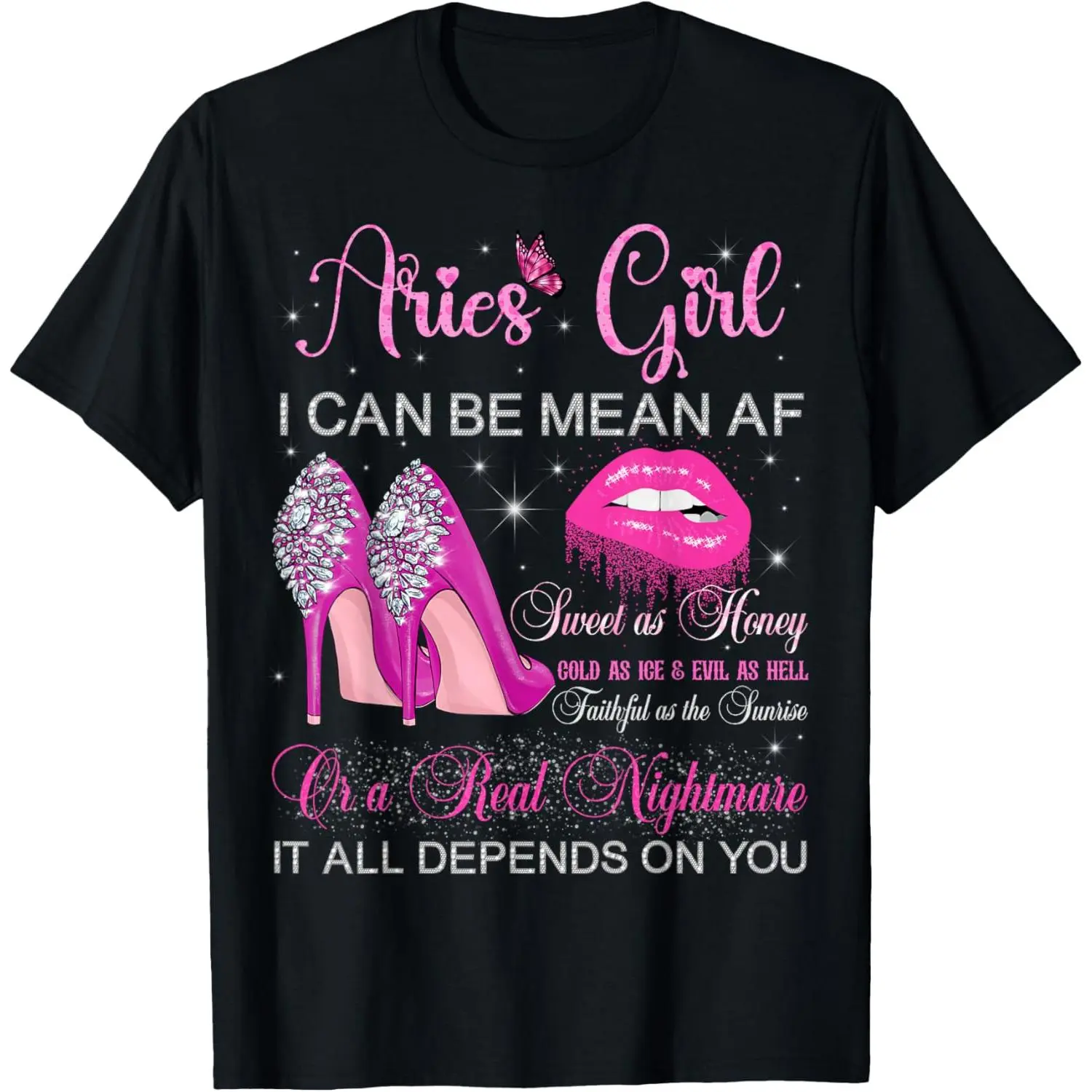 100%cotton Aries Girl Birthday High Heels Dripping Lips Zodiac Women T-Shirt