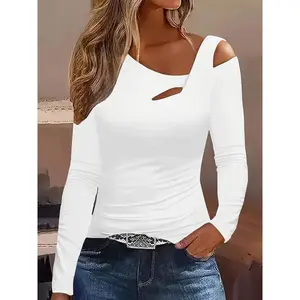Women's Chic Off-Shoulder Long Sleeve T-Shirt - Black Asymmetrical Top, Polyester Blend Knit, Medium Fit Comfort Casual Blouse Fabric WomenswearGift