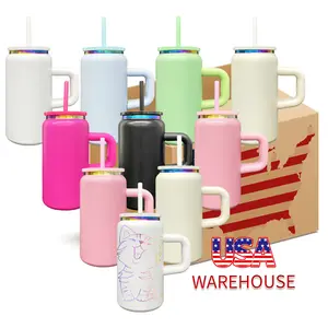 6/12 Pack USA Warehouse 16oz Rainbow Plated Macaron and Black&White Color Stainless Steel Can with Handle for Laser Engraving tumbler flask Drinkware Bottled