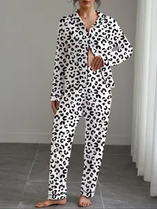 Women's Leopard Print Pajama Set Pjs, Casual Fitted Long Sleeve Top & Elastic Pants, Soft Stretchy Knit Fabric, All Seasons Comfortable Loungewear Sleepwear