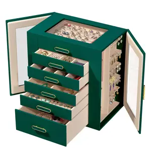 BOOVO Book green Jewelry Organizer Box Jewelry Storage Case Leather Modern Large Jewelry Storage Box for Women, 6-Layer Multifunctional Personal Organizer with 6 Drawers, 2 Glass Doors & Glass Lid – Ideal Gift