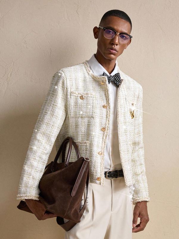 Jackets men - Men’s Tweed Business Casual Long Sleeve Jacket with Brooch for Fall Winter mens hoodies clothes for men vintage clothing men's clothing y2k clothing vacation outfits airport outfit jackets y2k clothes club outfit now birthday outfits