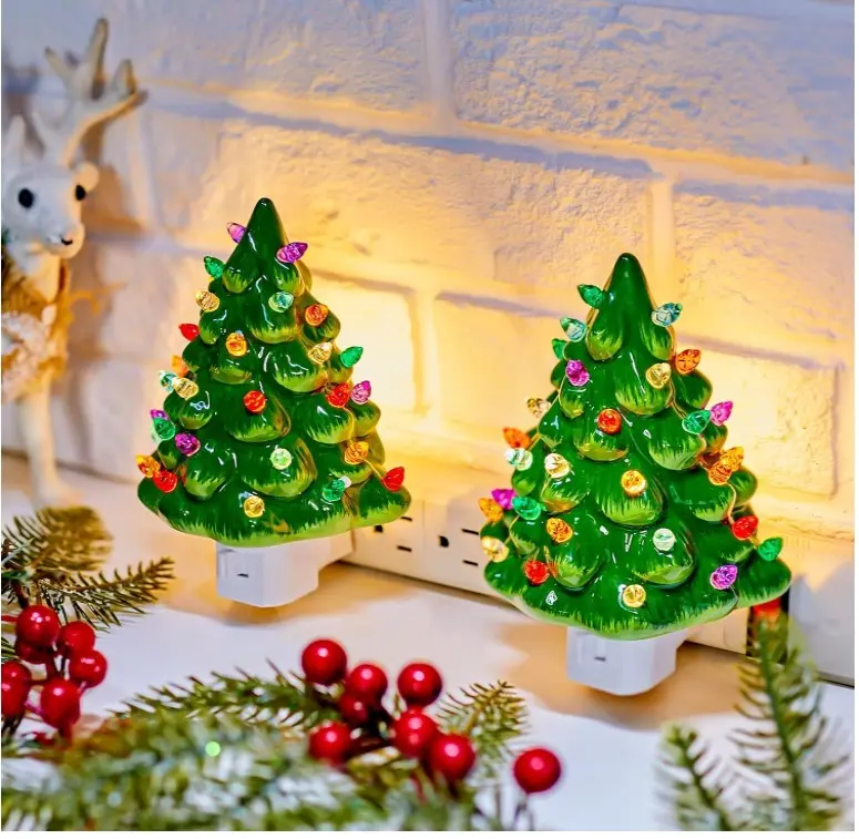 Ceramic Christmas Tree Night Light - 2 Pack 6" Christmas Decorative Ceramic Tree with ON/Off Switch, Vintage Christmas Night Light for Bedroom Bathroom Living Room Porch Holiday Decor