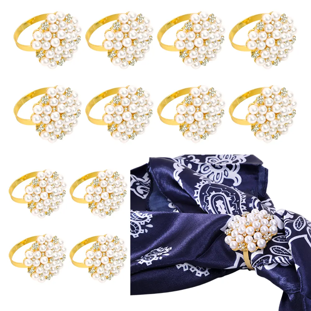 12-Piece Rhinestone Alloy Metal Napkin Rings with Sparkling Pearls & Flowers, 1.77-in Diameter, Glam Kitchen Linens Tableware for Dining Table, Weddings, Graduations, Household DIY Decor Supplies