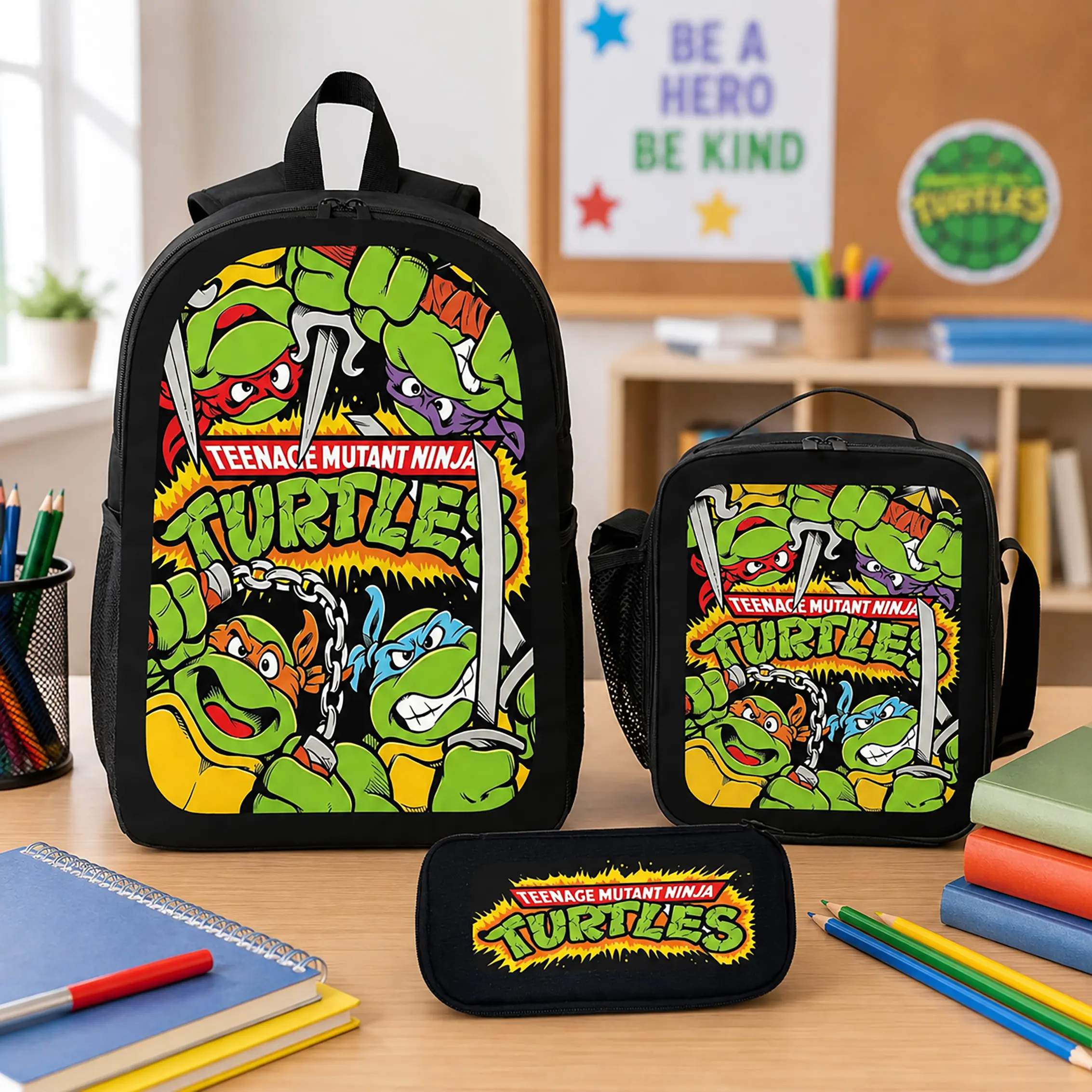 Teenage Mutant Ninja Turtles Backpack Set Polyester Backpack Lunch Bag Pencil Case Bookbag Back To School Travel Daily Large Capacity Lightweight Durable Water Resistant Cartoon Kids Teens Boys Girls Students Fans Gift