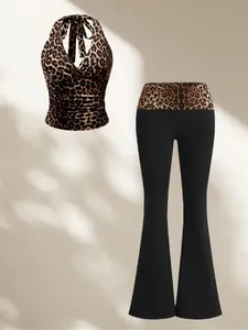 Trendy Leopard Print & Solid Color Casual Halter Neck Top Set, Slimming Waist Design, Perfect for Spring Summer Fall, Flared