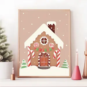 Gingerbread House Print, Gingerbread House Wall Decor, Cute Christmas Printable, Xmas Printable, Pink Christmas Poster, Instant Art Download