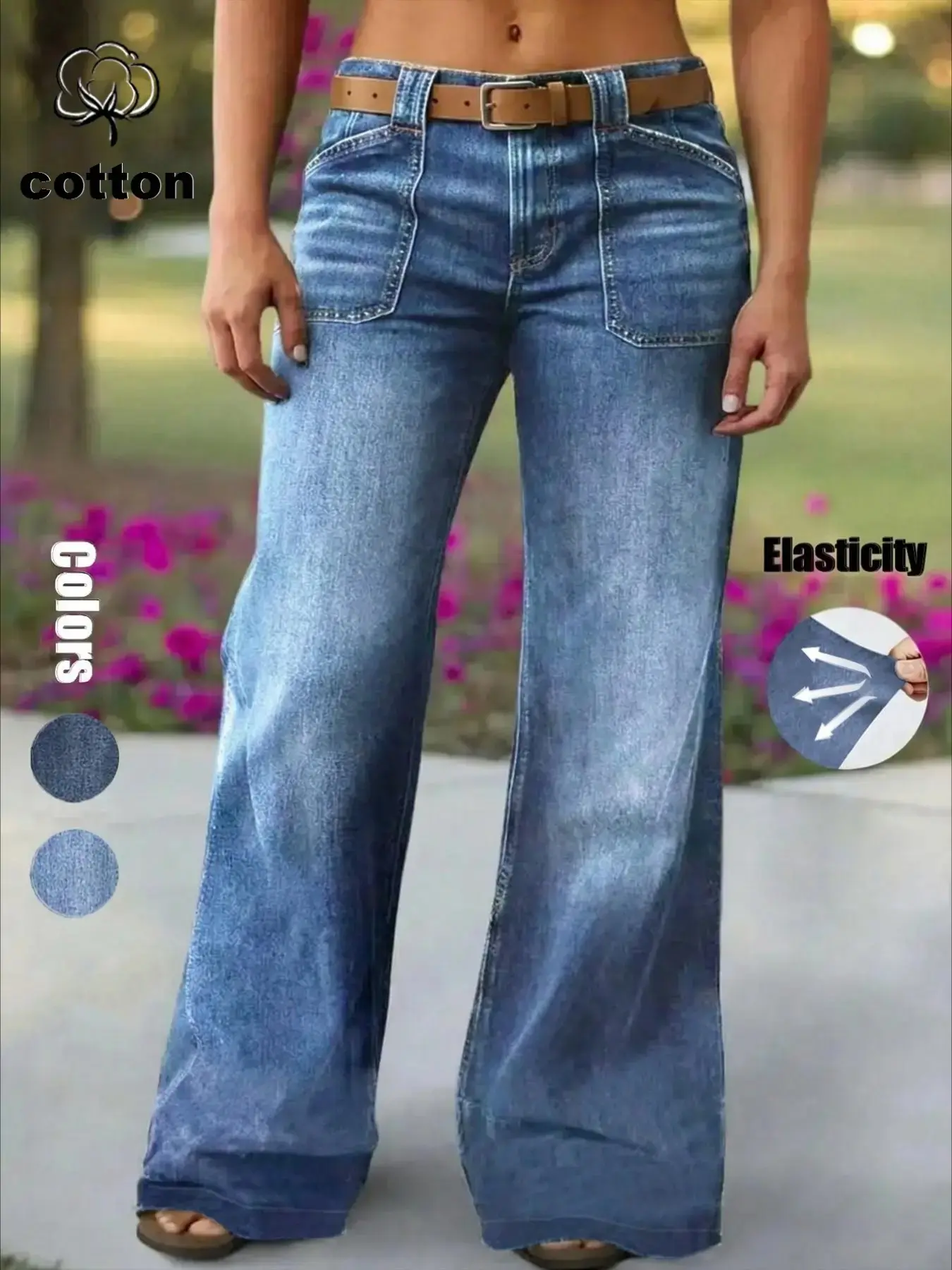 Women's Denim Jean Long Pants, Trouser, Elastic Wide-Leg Design, Fit, Multi-Color, Pockets, Vintage Style, Fashionable and Elegant, Suitable for All Seasons, Wideleg, Fashion Jeans