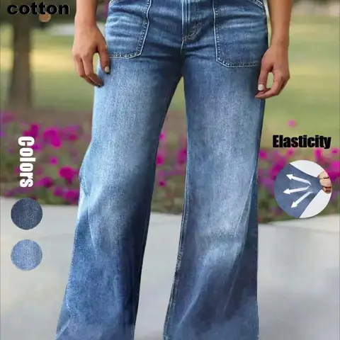Women's Denim Jean Long Pants, Trouser, Elastic Wide-Leg Design, Fit, Multi-Color, Pockets, Vintage Style, Fashionable and Elegant, Suitable for All Seasons, Wideleg, Fashion Jeans