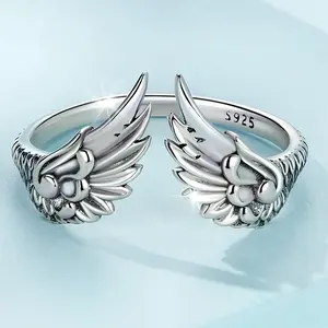 1pc S925 Sterling Silver Wings Open Ring, Simple Retro Guardian Feather Finger Ring Hand Jewelry