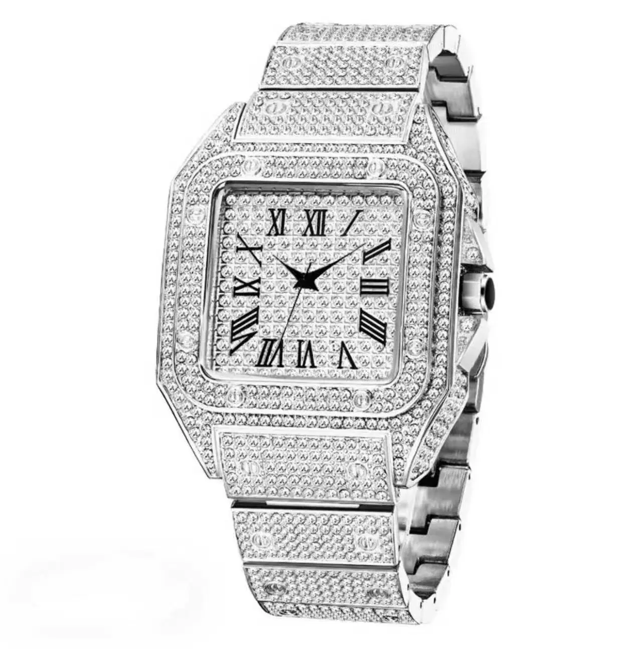 Luxury Men's Iced Out Square Diamond Watch VVS Moissanite Bling Quartz Wristwatch
