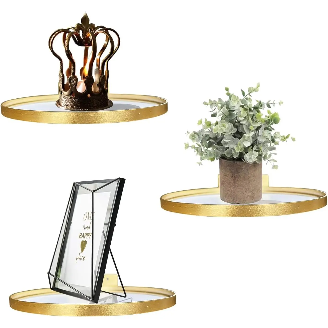 Floating Shelves Wall Mounted Wall Decor Iron Glass Hanging Shelf Home Decor Set of 3 Display Ledge Shelves for Living Room Bedroom Office-Gold