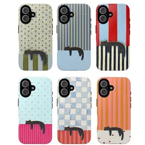 [MAGSAFE AVAILABLE] Cute Black Cat Pattern Tough Phone Case, Colorful Striped & Polka Dot Design For iPhone X, 11, 12, 13, 14, 15, 16 Series & Galaxy Series