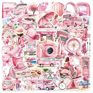 Pink Watercolor Outdoor Travel Series Sticker Packs (50pcs), Waterproof Self Adhesive Decor Paper, Decor Sticker for Gift Greeting Card Water Bottle Laptop Phone