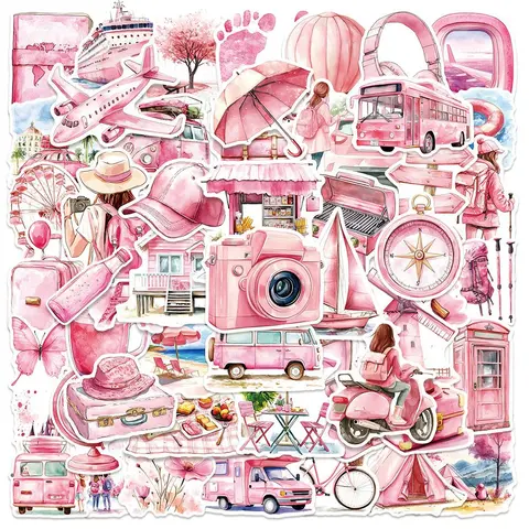 Pink Watercolor Outdoor Travel Series Sticker Packs (50pcs), Waterproof Self Adhesive Decor Paper, Decor Sticker for Gift Greeting Card Water Bottle Laptop Phone