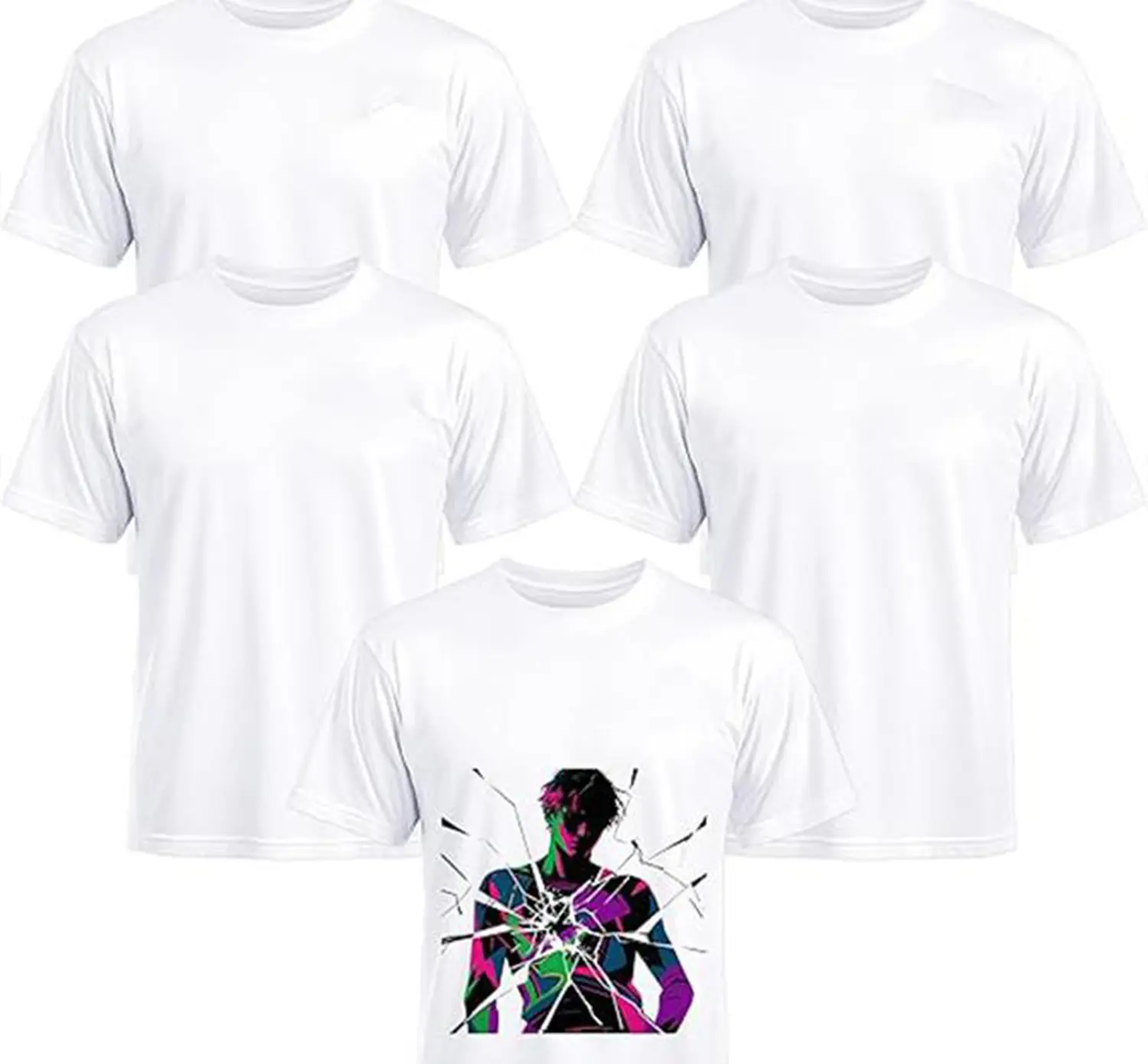 5 Pack Unisex Sublimation T-Shirts, White Polyester Crew Neck Short Sleeve Top, Wrinkle-Resistant Blank for DIY Heat Transfer & Custom Team Tees