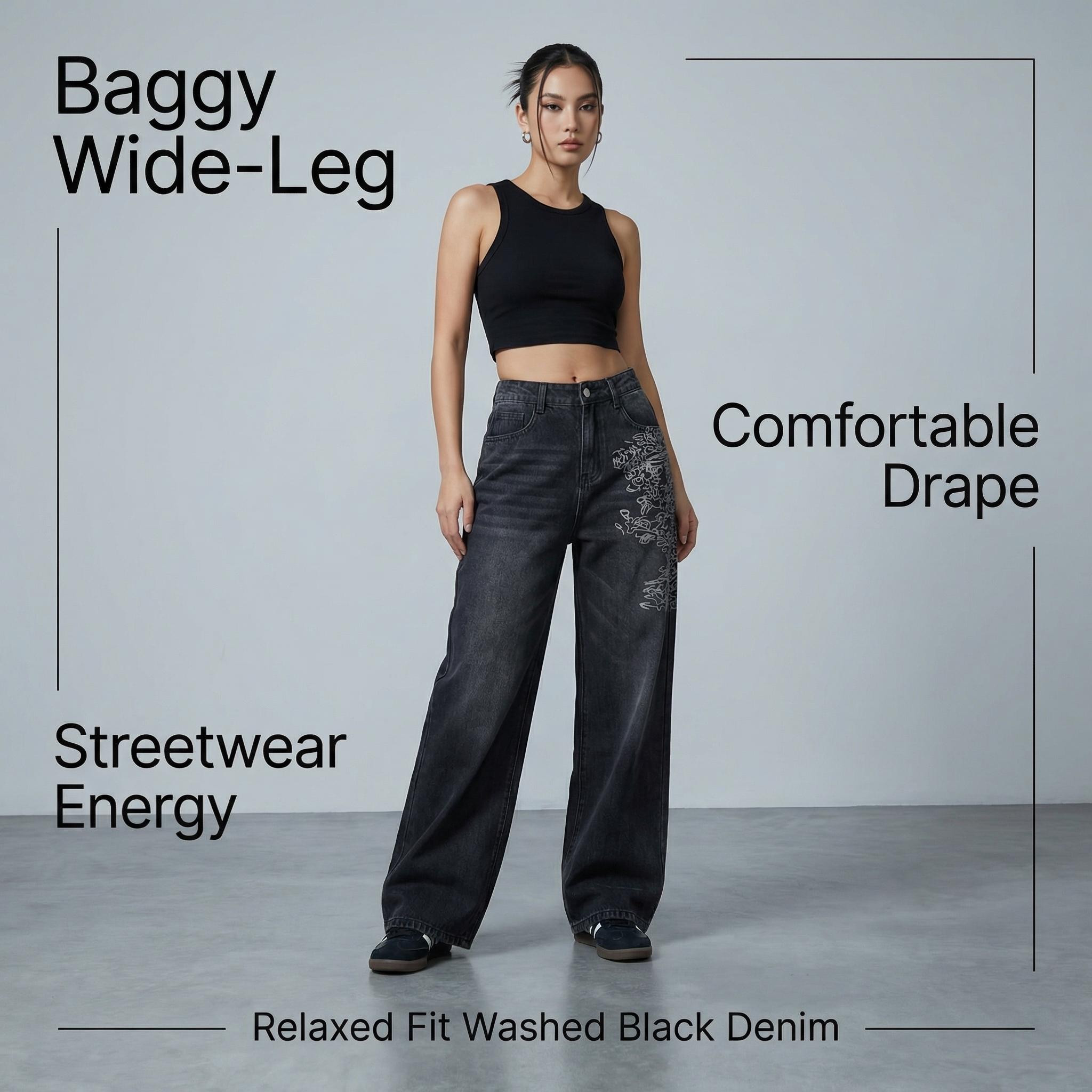 Women's Baggy Wide-Leg Jeans Comfortable Relaxed-Fit Washed Black Denim Pants with Y2K Cybersigilism Gothic and Vintage Grunge Embroidery Streetwear