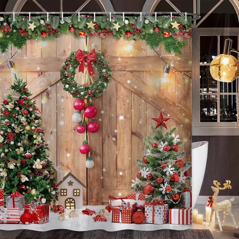 Farmhouse Christmas Shower Curtain, Winter Tree Home Decor, Perfect for Bathroom Decoration, Easy to Clean, Multiple Sizes Available, Includes Hooks