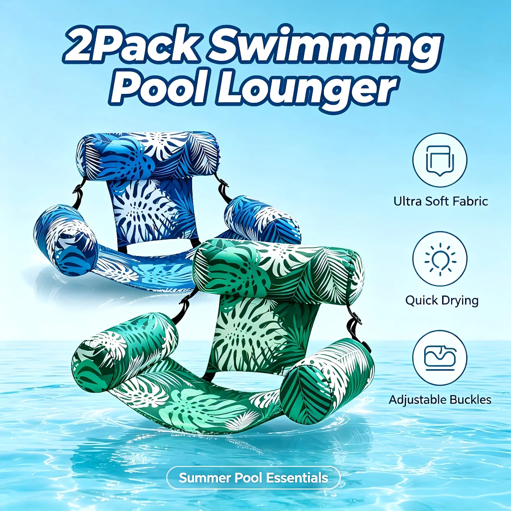 2-Pack Water Floating Hammock Lounger Set, Inflatable Pool Chairs with Ergonomic Back Support, Double Water Float for Pool Lake Beach, Lightweight Portable Summer Lounge for Adults Travel Friendly Use
