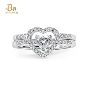 DELZZAD Halo Heart Cut Ring Set D Color VVS Synthetic Moissanite Women's Wedding Engagement Promise Ring Marriage Statement Anniversary Valentine's Day Gifts