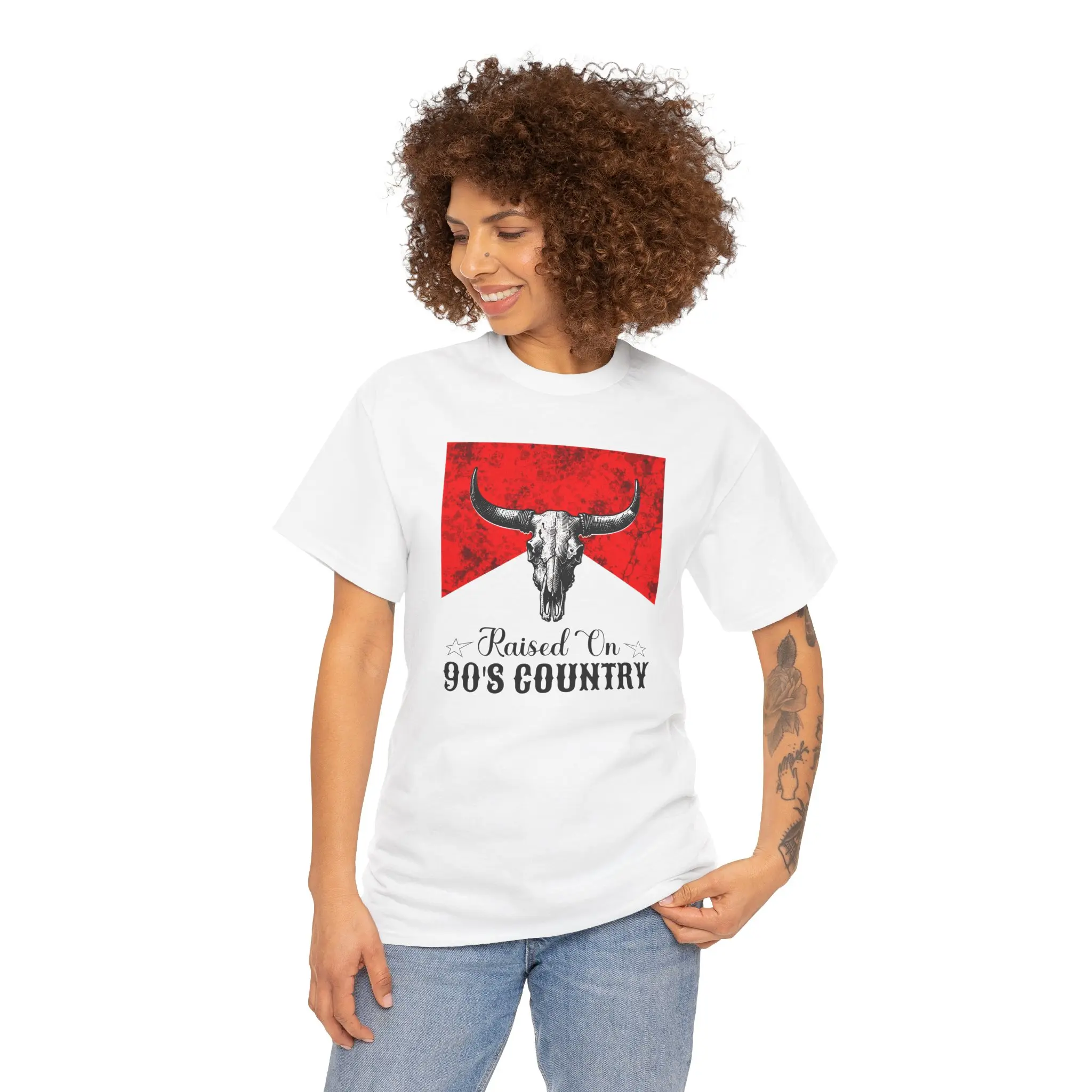 DTG Raised On 90's Country T-Shirt Longhorn Skull Retro Red graphic tee's classic cotton
