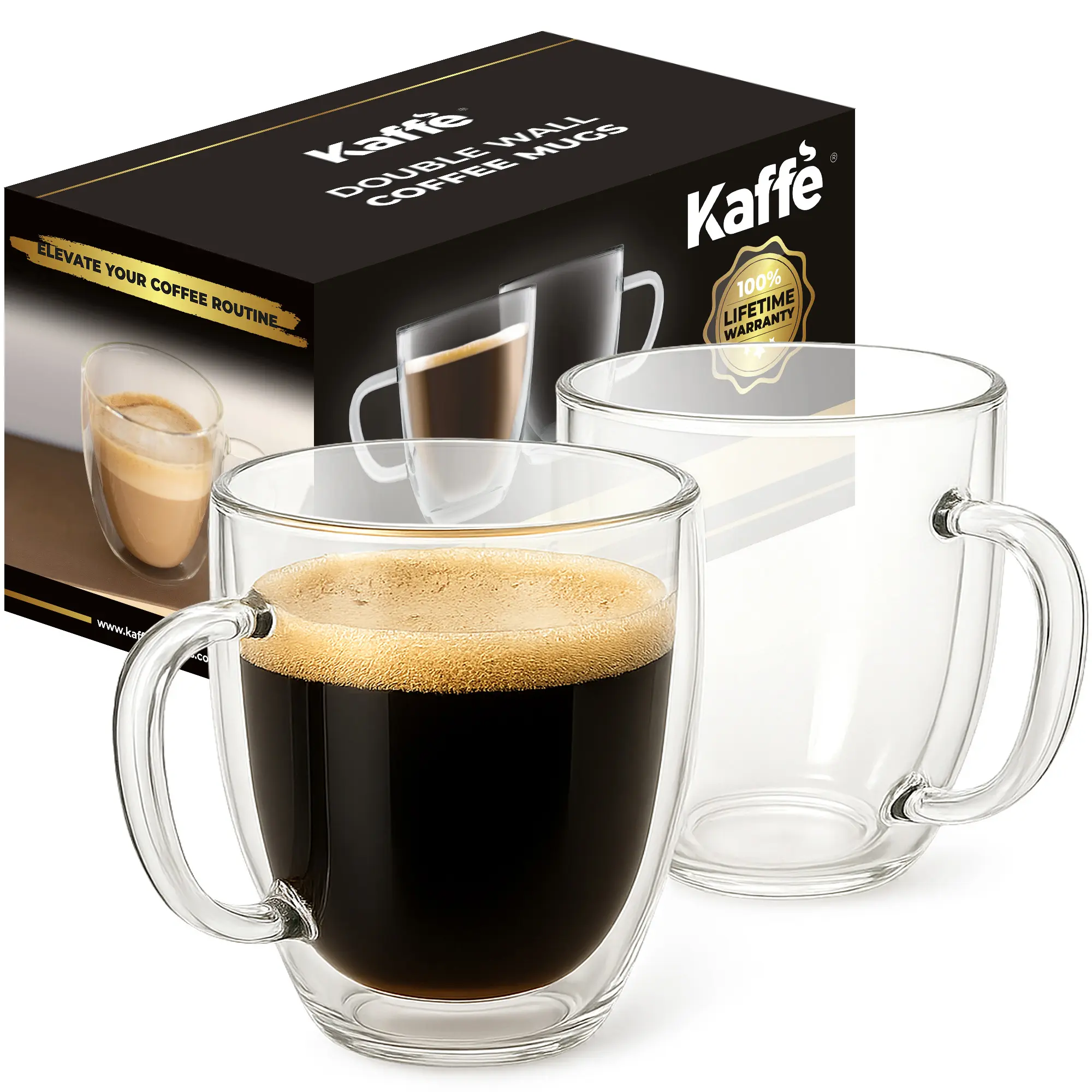 Kaffe Double Wall Insulated Glass Coffee Cups - Heat Resistant Insulated Borosilicate Glass Mugs for Warm Beverages, Capuccinos, Teas, 16oz