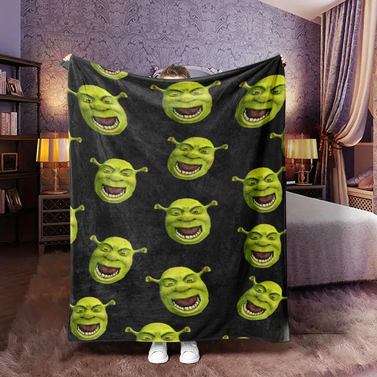 Funny Shrek Full Print Flannel Throw Blanket, Soft Cozy Blanket, Soft Comfortable Fabric, Perfect Gift for Boys Girls Men Women, Home Decor and Warmth, Cartoon Print Blanket, Cartoon Pattern Blanket