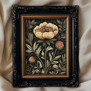 Moody Peony Wall Art Print, Vintage Botanical Poster, Dark Cottagecore Decor, Whimsigoth Floral Artwork for Bedroom Living Room Hallway N