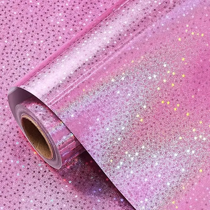 RUSPEPA Pink Holographic Wrapping Paper, Sparkly Star Design Gift Wrap Roll for Girls, Birthday, Valentine’s Day, Wedding, Mother’s Day & Christmas Gifts,17 Inches x 16.4 Feet