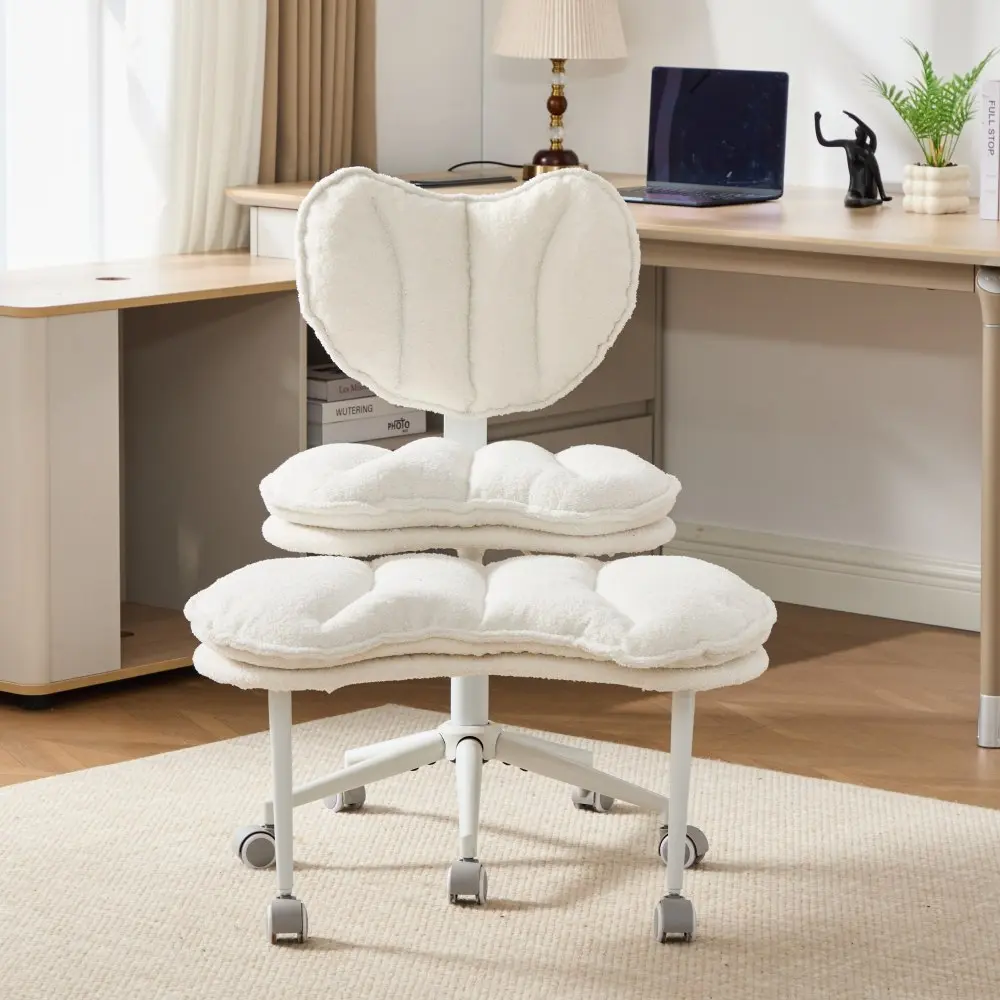 SGS-Certified Teddy Fleece Double-Layer Padded Meditation Chair Plus, Swivel Rolling Ergonomic Office Chair, Polyurethane Lumbar Support, Adjustable Crisscross Seat for ADHD Fidgety Sitters, Ivory, Swivel Rolling Chair