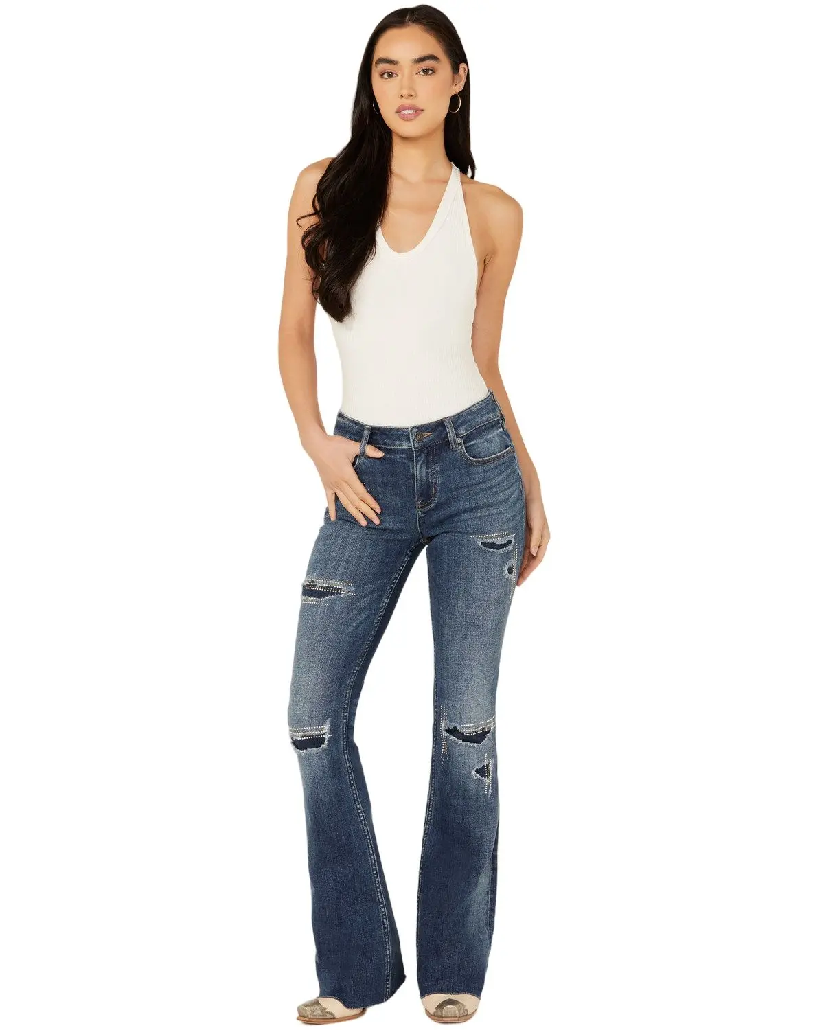 Shyanne Women's Delaney Dark Wash Mid Rise Rebel Embellished Bootcut Jeans - Swho23j52